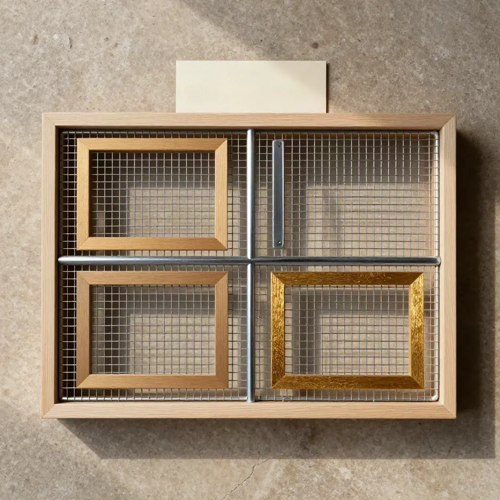 Moerrooster met houten omlijsting, afstandhouder en twee ramen in strakke flatlay.